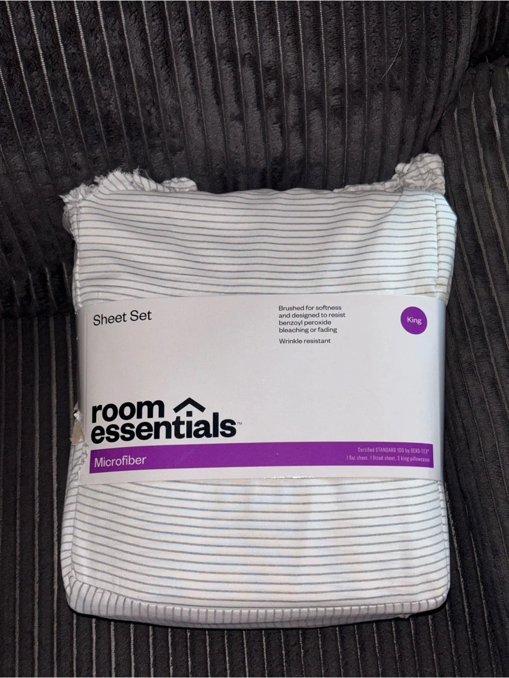 Room Essentials King Microfiber Sheet Set in White with Thin Gray Stripes
